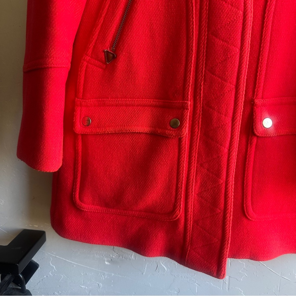 J. Crew Stadium Cloth Red Wool Coat w/ Faux Fur Hood Statement Winter Parka 2P - Picture 5 of 16